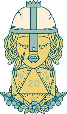 Retro Tattoo Style orc fighter character with natural twenty dice roll