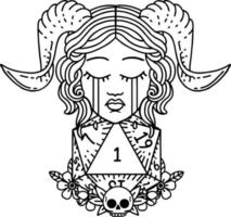 Black and White Tattoo linework Style sad tiefling with natural one d20 dice roll vector