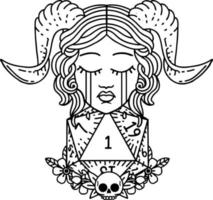 Black and White Tattoo linework Style sad tiefling with natural one d20 dice roll vector