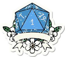 grunge sticker of a natural one d20 dice roll vector