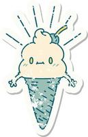 worn old sticker of a tattoo style ice cream character vector