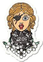 grunge sticker of a human rogue with natural twenty dice roll vector