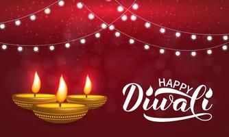Happy Diwali calligraphy hand lettering with burning diya lamps. Traditional Indian festival of lights typography poster. Vector template for banner, flyer, sticker, postcard, greeting card.