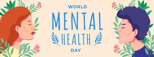 ilustración de banner del día mundial de la salud mental con hombres y mujeres relajantes y flores vector