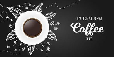 banner del día internacional del café con hojas y café en grano dibujado a mano vector