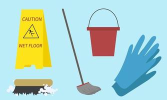 cleaning tool set vector graphic illustration, mop stick, glove, cleaning service needs, fat illustration. web background
