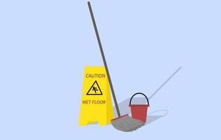 Vector graphic illustration, moping and cleaning tool, bucket, mop stick and caution wet floor sign