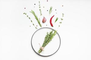 Empty plate with greens herbs and spices around photo