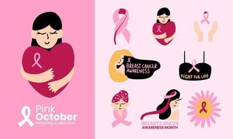 conjunto de colección de elementos vectoriales de octubre rosa para póster, fondo, publicación en redes sociales vector