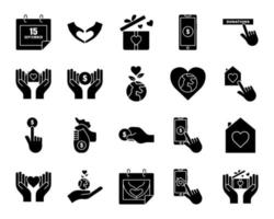 Icon set related to Charity. contains dollar icon, hand with heart gesture,  calendar, gift box etc. Glyph icon style, solid. Simple design editable
