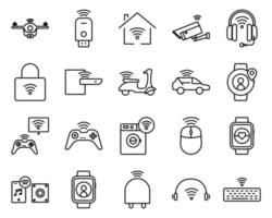 Icon set related to smart device. contains smart watch icon, CCTV, megaphone, joystick, drone, USB, Automatic car, motorcycle, Washing machine etc. Line icon style. Simple design editable vector