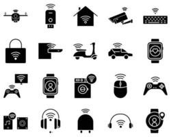 Icon set related to smart device. contains smart watch icon, CCTV, megaphone, joystick, drone, USB, Automatic car, motorcycle, Washing machine etc. Glyph icon style, solid. Simple design editable vector