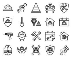 Icon set related to labor. contains roadblock icon, Work safety,  shove, wrench, drilling machine, foreman hat etc. Line icon style. Simple design editable vector