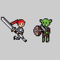 pixel art style, old videogames style, retro style 18 bit female swordman versus goblin with shield vector