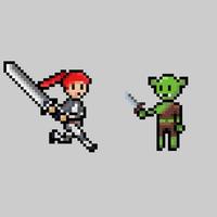 pixel art style, old videogames style, retro style 18 bit female swordman versus goblin with knife vector