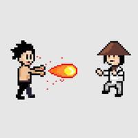 pixel art style, old videogames style, retro style 18 bit boy with fireball versus man with straw hat vector