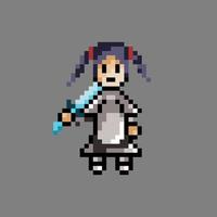 pixel art female knight with twintail black hair use iron armor vector