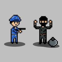 pixel art style, old videogames style, retro style 18 bit police with gun chasing robber vector