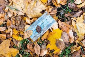 dirty used face mask in wet fallen leaves photo