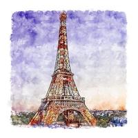 Eiffel Tower Paris France Watercolor sketch hand drawn illustration vector