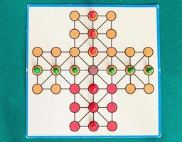 top view of cross solitaire board game on table photo