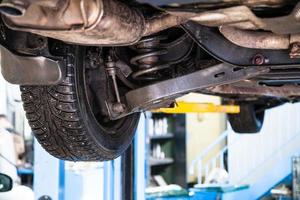 bottom view of wheel and shock absorber of vehicle photo