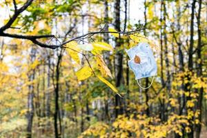 sanitary mask hanging on tree branch in autumn photo