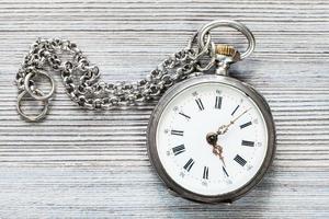 retro pocket watch with chain on gray table photo