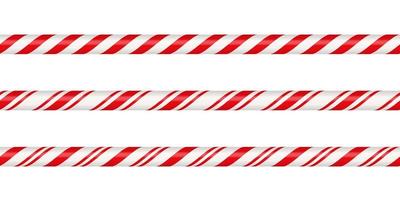 Christmas candy cane straight line border with red and white striped. Xmas seamless line with striped candy lollipop pattern. Christmas element. Vector illustration isolated on white background