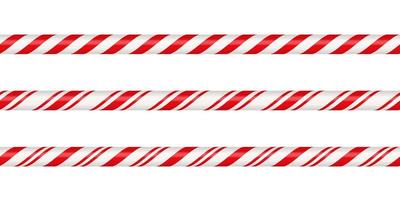 Christmas candy cane straight line border with red and white striped. Xmas seamless line with striped candy lollipop pattern. Christmas element. Vector illustration isolated on white background