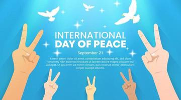 fondo del día internacional de la paz con palomas y manos de paz vector