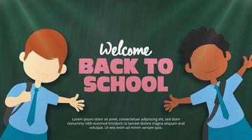 Back to school background design with students standing in front of a chalkboard vector