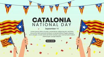 fondo del día nacional de cataluña con banderas y manos levantadas vector