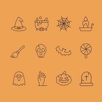 iconos de halloween sobre un fondo naranja. conjunto de vectores todos los elementos están aislados