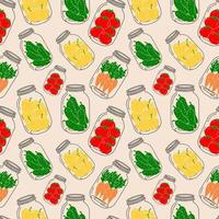 Seamless pattern with set of jars with vegetables. Vector in cartoon style