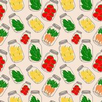 Seamless pattern with set of jars with vegetables. Vector in cartoon style