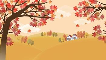 Background illustration of red maple tree and hillside hut vector