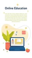 Online Education Vertical Banner With Computer, Home Plant, Apple and Other Objects. Perfect for Websites, Social Media, Printed Materials, etc. vector