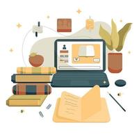 Vector Illustration With Computer, Books, Home Plant, Note Pad and Other Objects on the Desktop. Perfect for Web Banners, Social Media, Printed Materials, etc.