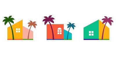 Set of colorful tropical house logo. house with palm tree logo vector, hawaii tropical beach home or hotel icon design illustration vector