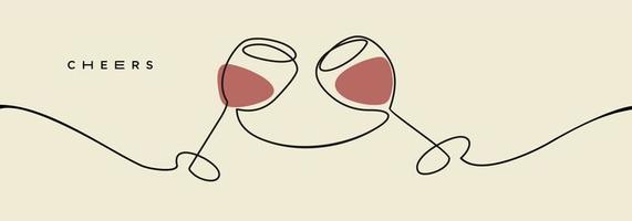 Wine Cheers wall art with Continuous one line drawing. Hands cheering with glasses of wine. Vector illustration