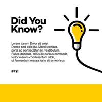 Did you know vector with hanging light bulb lamp.information template post for social media background, fun fact blank template fyi vector with lightbulb idea and cable symbol element