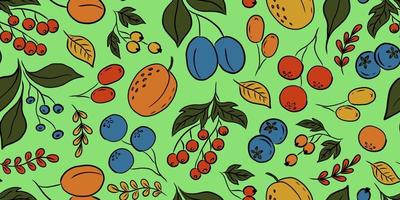 patrón transparente de vector verde claro con coloridas frutas y bayas