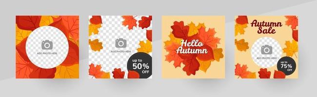 Social media hello autumn post template, editable social media template. Background for social media autumn sale post. Vertical stories template. Vector illustration. Leaves pattern design.