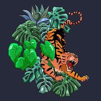 Stylish colorful vector poster with tropical wild animal. Amazing big asian tiger.