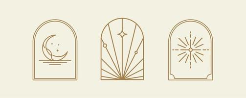 arte de línea vintage de la colección de arte del logotipo dorado bohemio, iconos y símbolos, sol y luna, diseño de ventana de arco elementos de diseño abstracto geométrico para la decoración vector