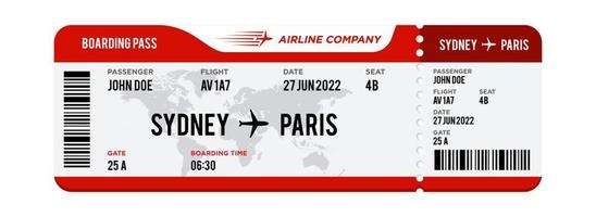 Airplane ticket design. Realistic illustration of airplane boarding pass with passenger name and destination. Concept of travel, journey or business trip. Isolated on white background vector