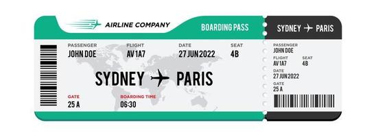 Airplane ticket design. Realistic illustration of airplane boarding pass with passenger name and destination. Concept of travel, journey or business trip. Isolated on white background