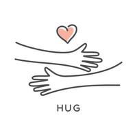 hug symbol. Hands hugs simple vector illustration with heart love symbol icon in line outline style vector design. Hands hugged over white vector illustration.