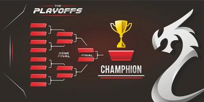 Red and black bracket design with dragon logo. printable sport game tournament championship contest stage, elimination board chart vector with champion trophy prize icon illustration background